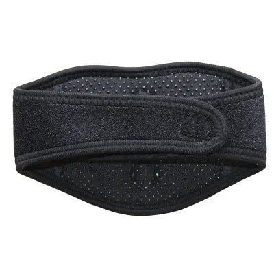 Black self-heating magnetic therapy neck guard with an adjustable shoulder strap laid flat.