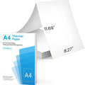 White A4 thermal paper roll for portable thermal printers, shown with 100-sheet and 200-sheet packaging options.