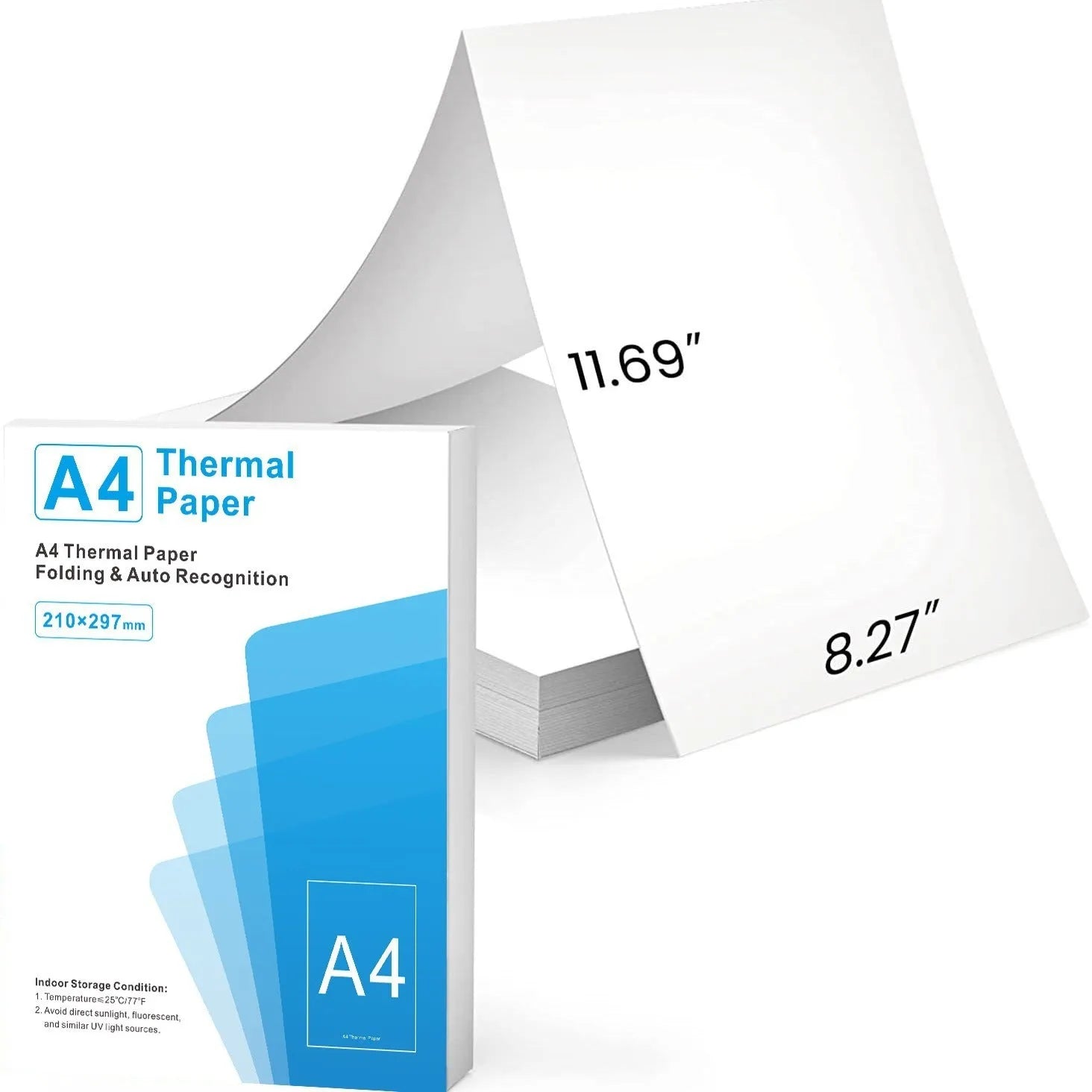 White A4 thermal paper roll for portable thermal printers, shown with 100-sheet and 200-sheet packaging options.