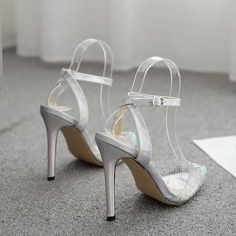 Women's pointed toe diamond sandals with stiletto heels in PVC material