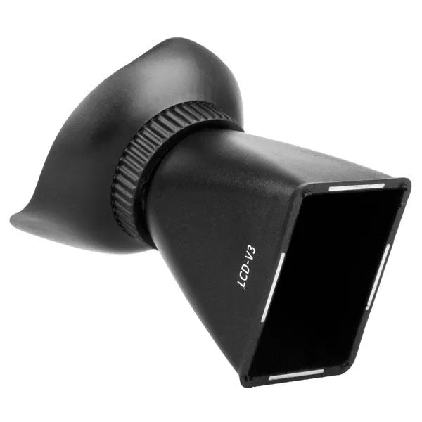 Black camera LCD viewfinder magnifier with magnetic quick-release attachment shown on a DSLR.