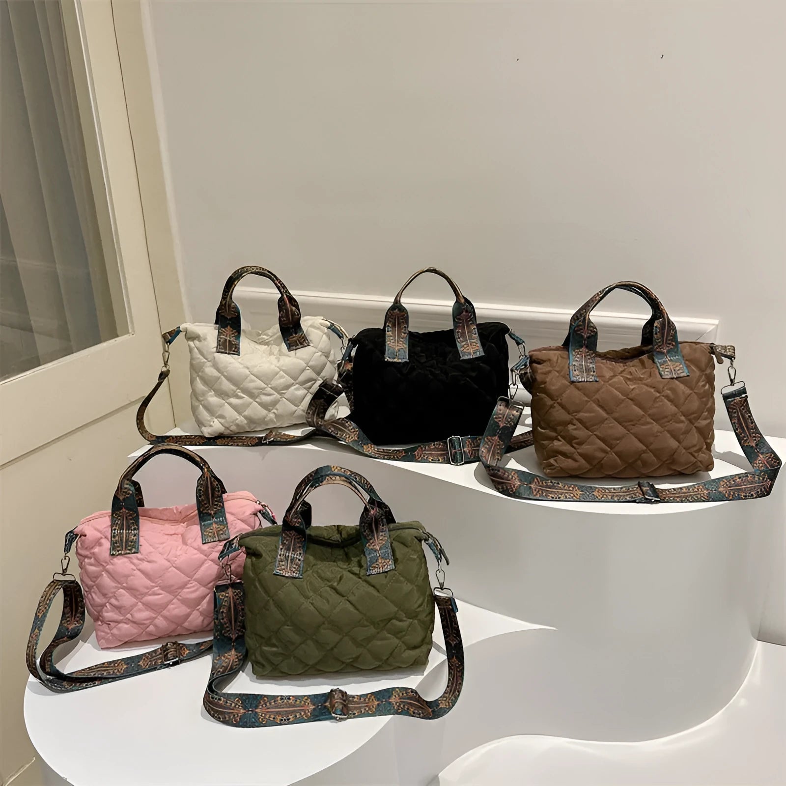 Oxford cloth shoulder messenger bag in horizontal square shape with sandwich pocket and phone compartment