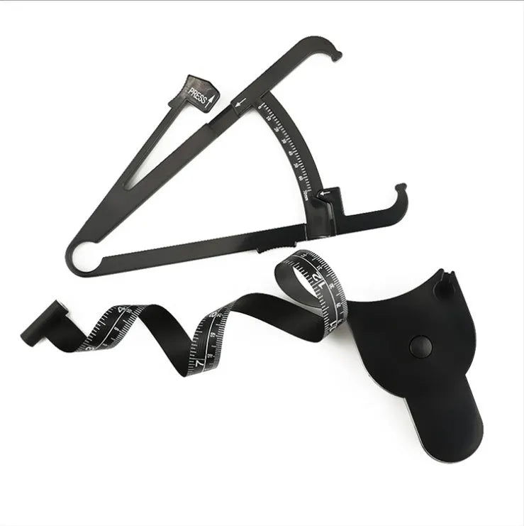 Black ABS body fat caliper with measurement tapes for skin fold thickness analysis