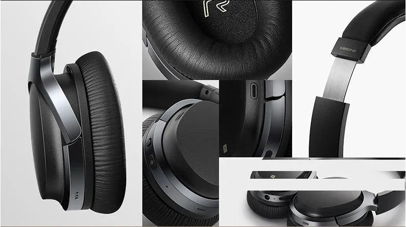 Black wireless noise reduction Bluetooth headset with aptX, 10m range, and included 3.5mm audio cable.