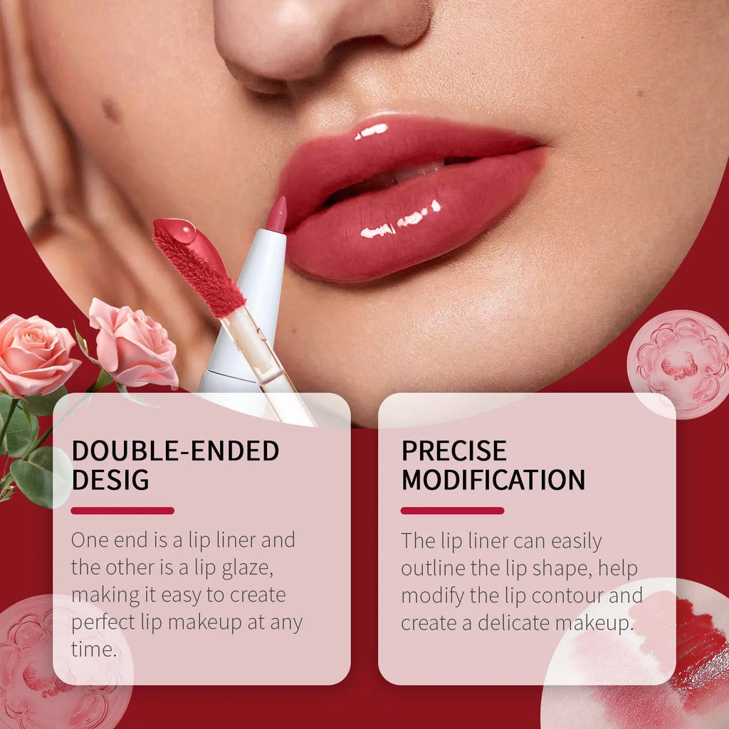 Double-headed lip liner and lip lacquer pen in a case, showing two colour-coordinated tips.