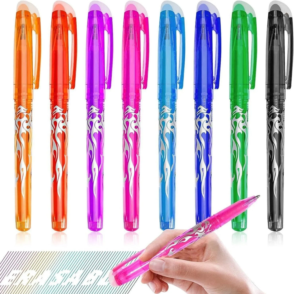 Pack of hot-erasable gel pens with plastic shells and stainless steel tips, showing 0.5mm and 0.7mm nib options.