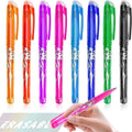 Pack of hot-erasable gel pens with plastic shells and stainless steel tips, showing 0.5mm and 0.7mm nib options.