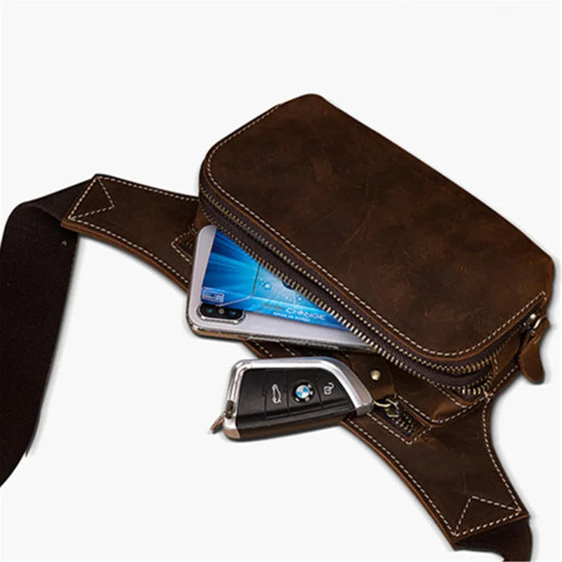 Brown cowhide leather men's sports waist bag with pull closure showing dimensions