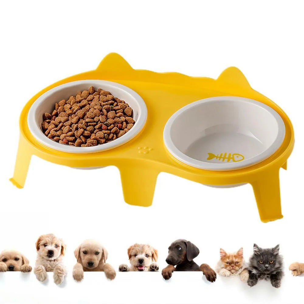 Ceramic cat food and water bowl set with elevated tilted design on ABS stand with hook