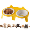 Ceramic cat food and water bowl set with elevated tilted design on ABS stand with hook