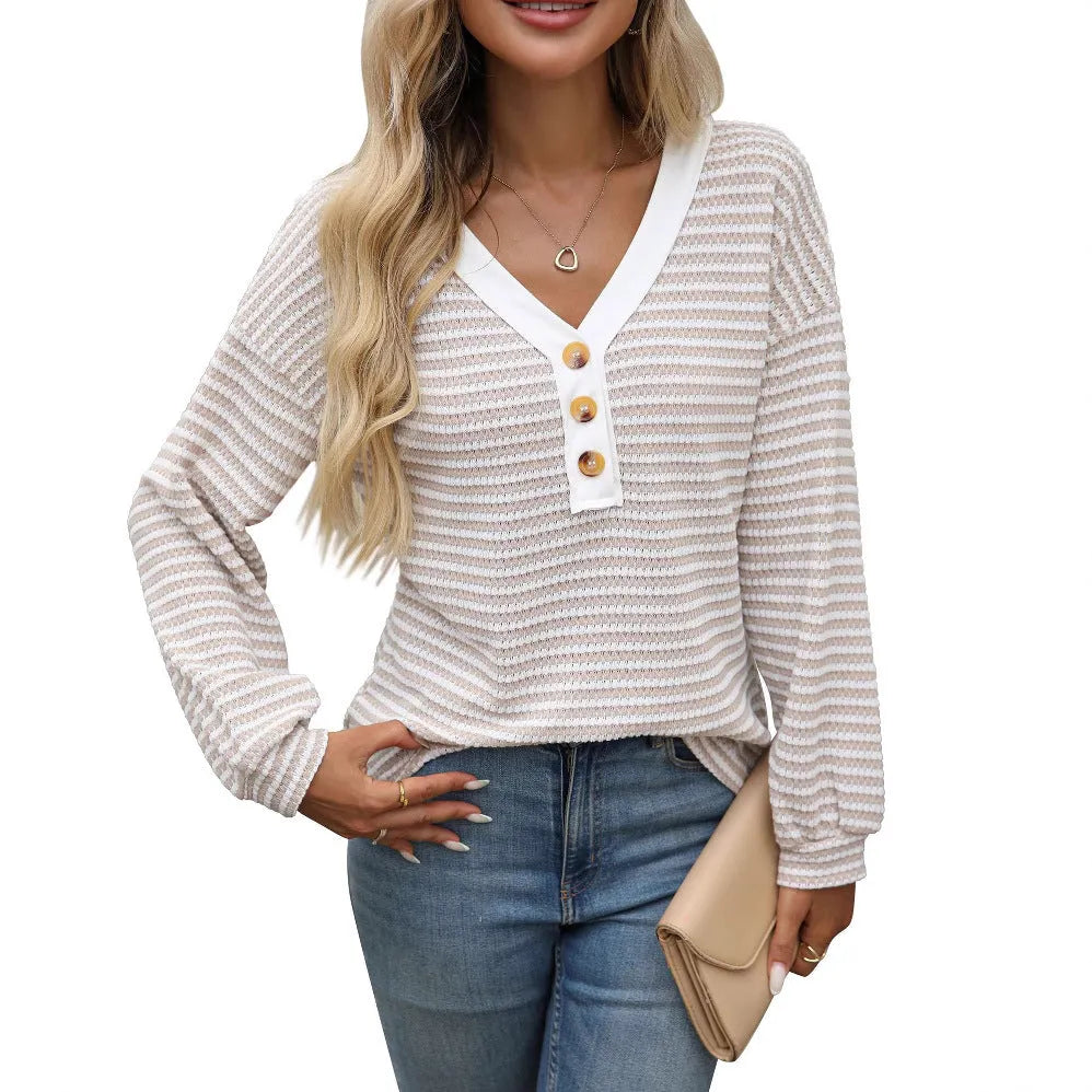 Women's V-neck pullover top with patchwork detailing and long sleeves in loose streetwear fit
