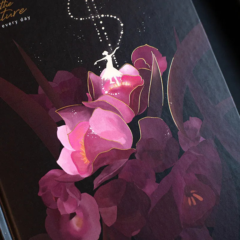 A5 notebook with luminous cover and colour-illustrated pages in four colour options