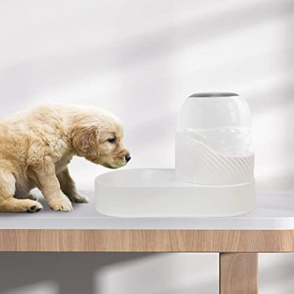White automatic gravity cat feeder and water dispenser set with wave-shaped design.