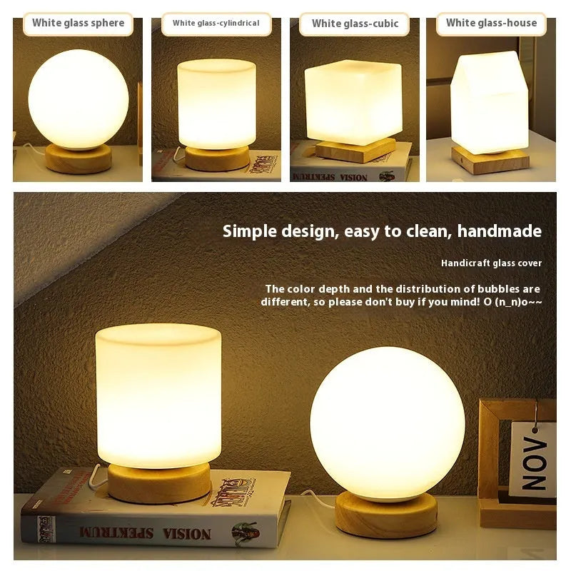White Nordic solid wood USB table lamp in geometric flower shape with touch dimming control