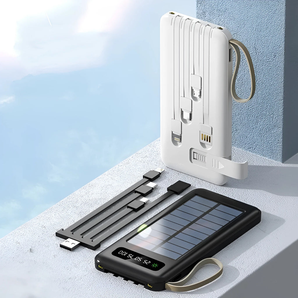 Solar power bank in black or white with integrated solar panel, showing compact 144mm x 68mm x 16mm dimensions.