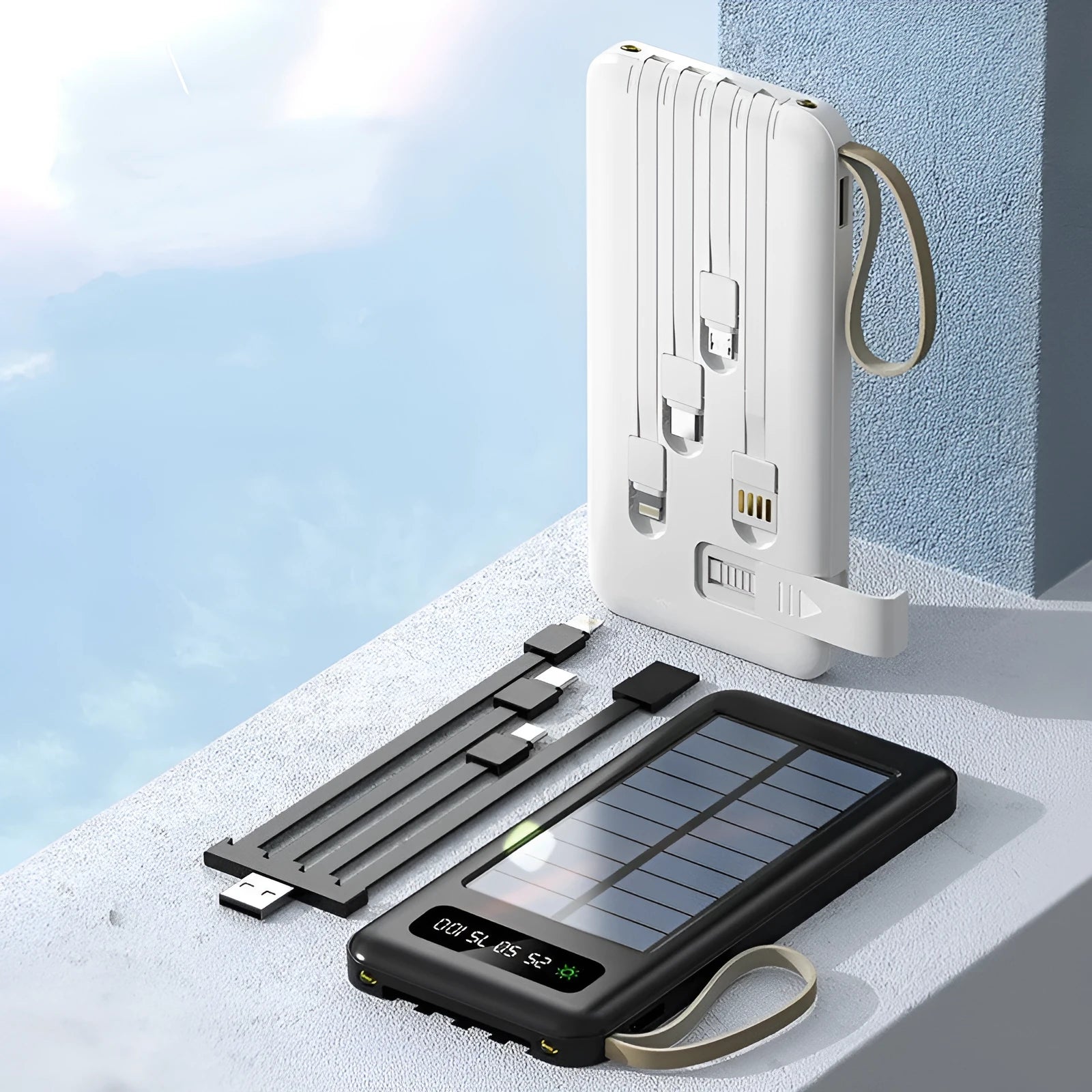 Solar power bank in black or white with integrated solar panel, showing compact 144mm x 68mm x 16mm dimensions.