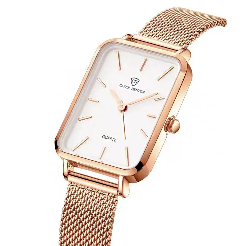 Women's waterproof quartz watch with woven steel band and alloy case in rose gold or silver