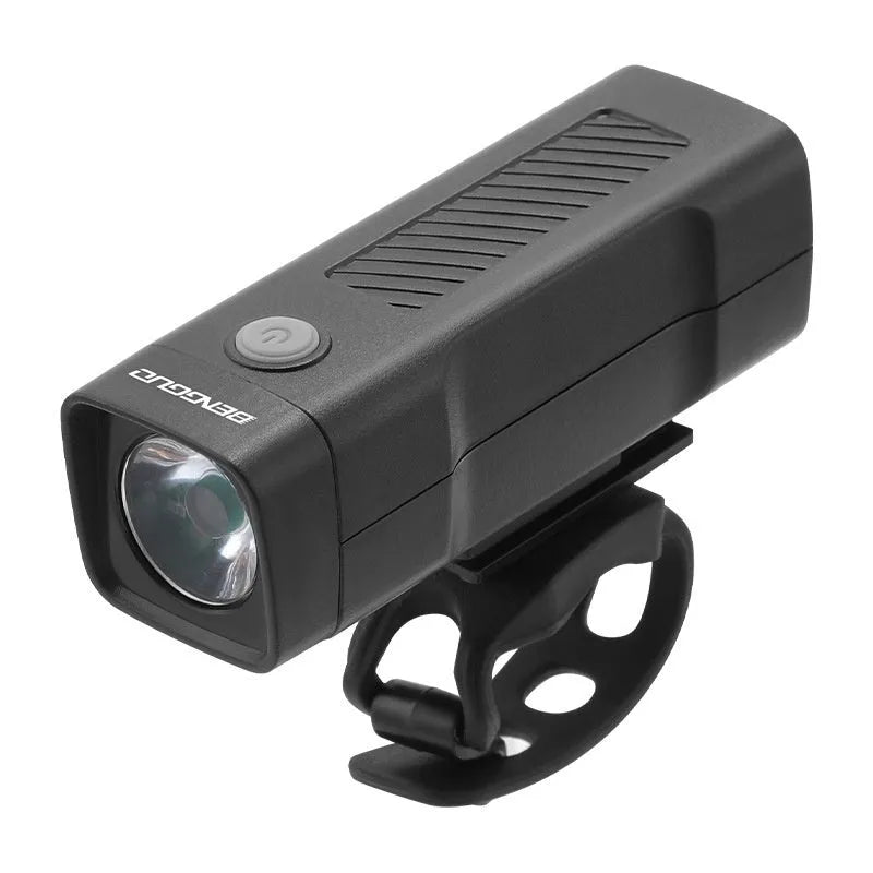 USB rechargeable bicycle headlight with quick-release strap bracket on handlebars.