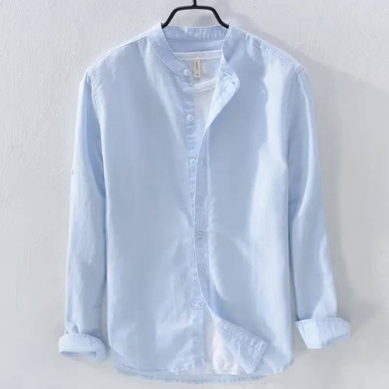 Men's loose fit long sleeve cotton linen shirt in solid colour with button-up front