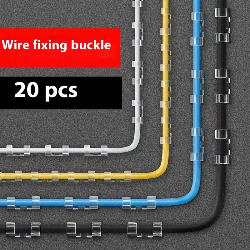 Transparent self-adhesive plastic cable clips in four sizes for wire organisation