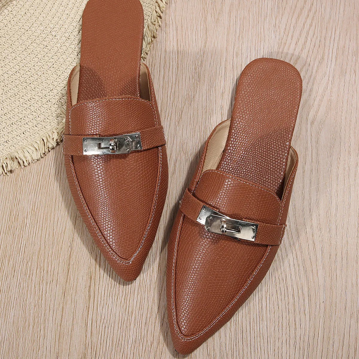 Women's light brown pointed toe semi-slippers with low heel and rubber sole