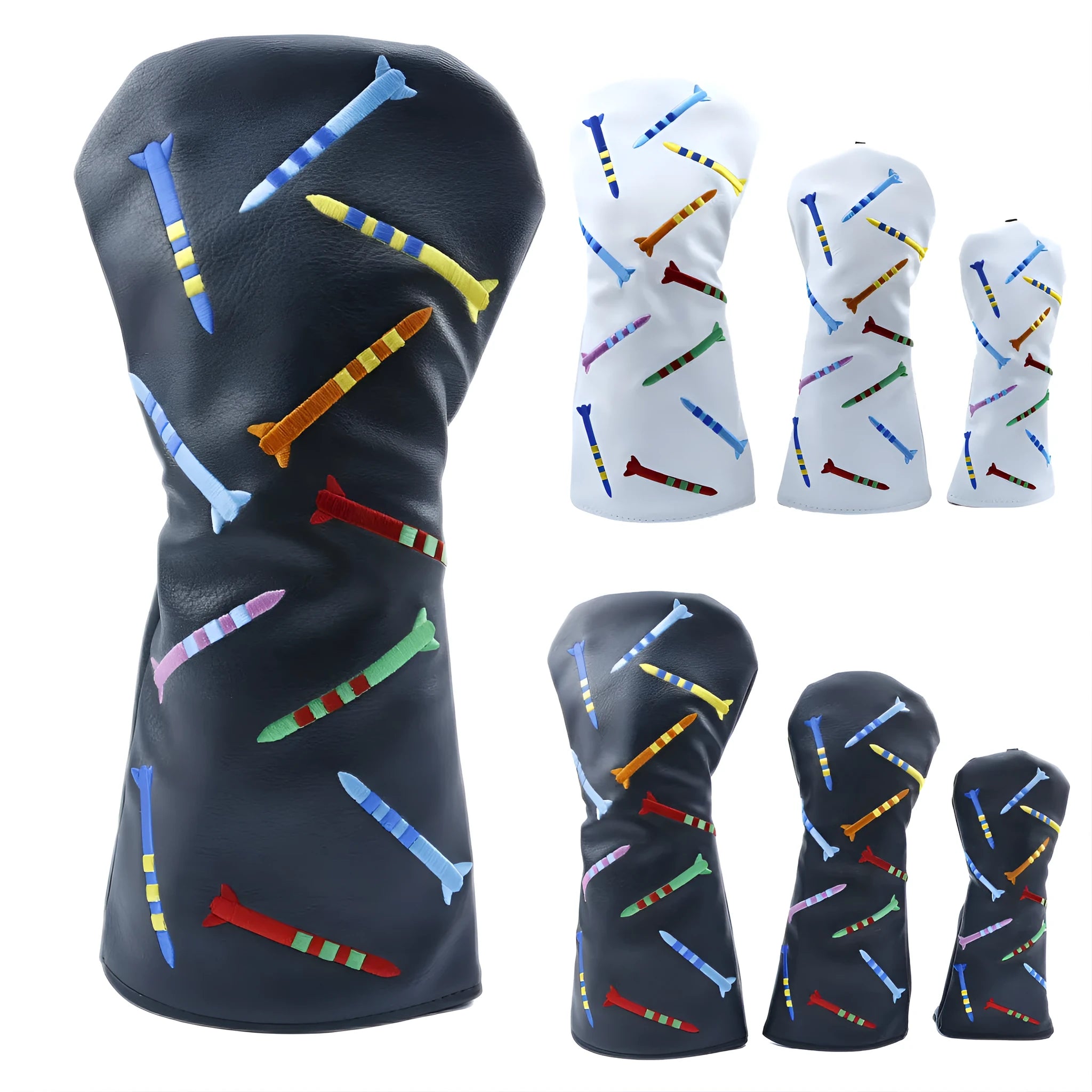 Set of black and white PU golf club wooden poles in large, medium, and small sizes