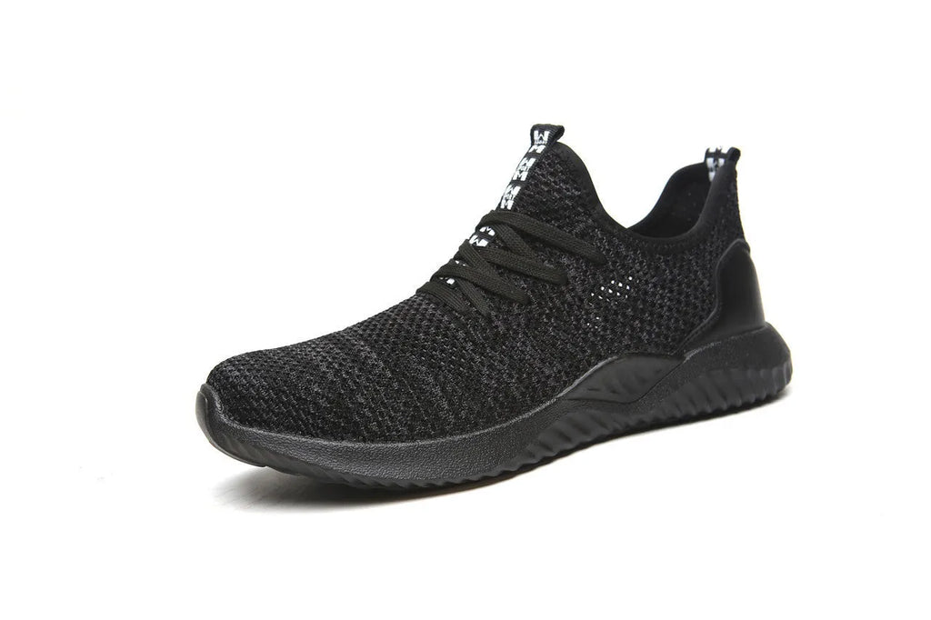 Black low-cut work safety shoes with a steel toe cap and EVA sole for shock protection.