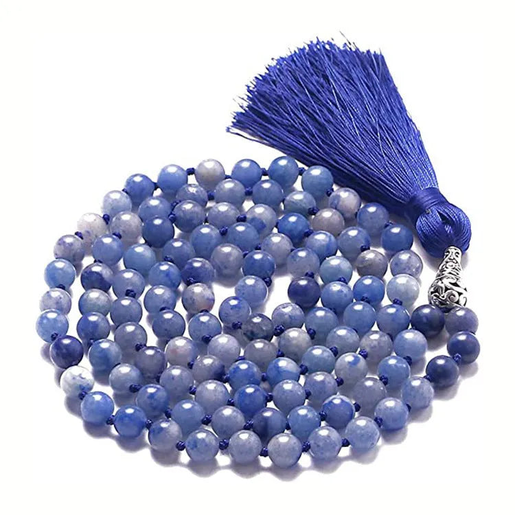 Long multi-stone agate and amethyst tassel necklace with blue pattern, geometric beads.