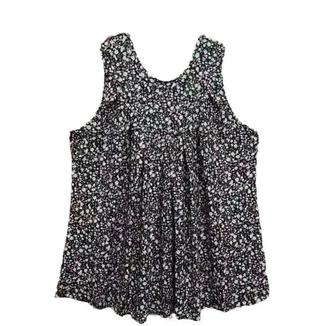Black floral print plus size sleeveless vest on a hanger, showing round neck and loose fit.