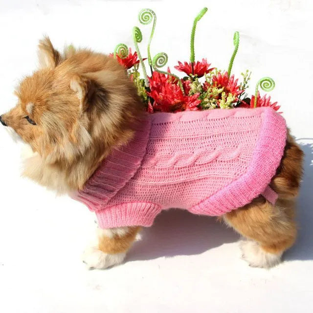 Knitted wool dog sweater with fabric buttons, available in eight colours and sizes XS to XXL