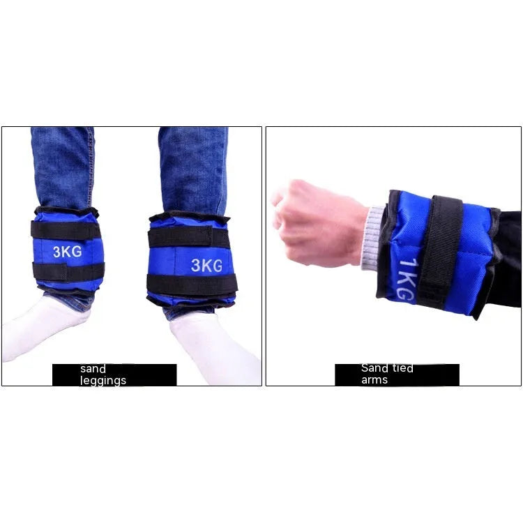 A pair of Oxford cloth legging sandbags for track and field running weight training.