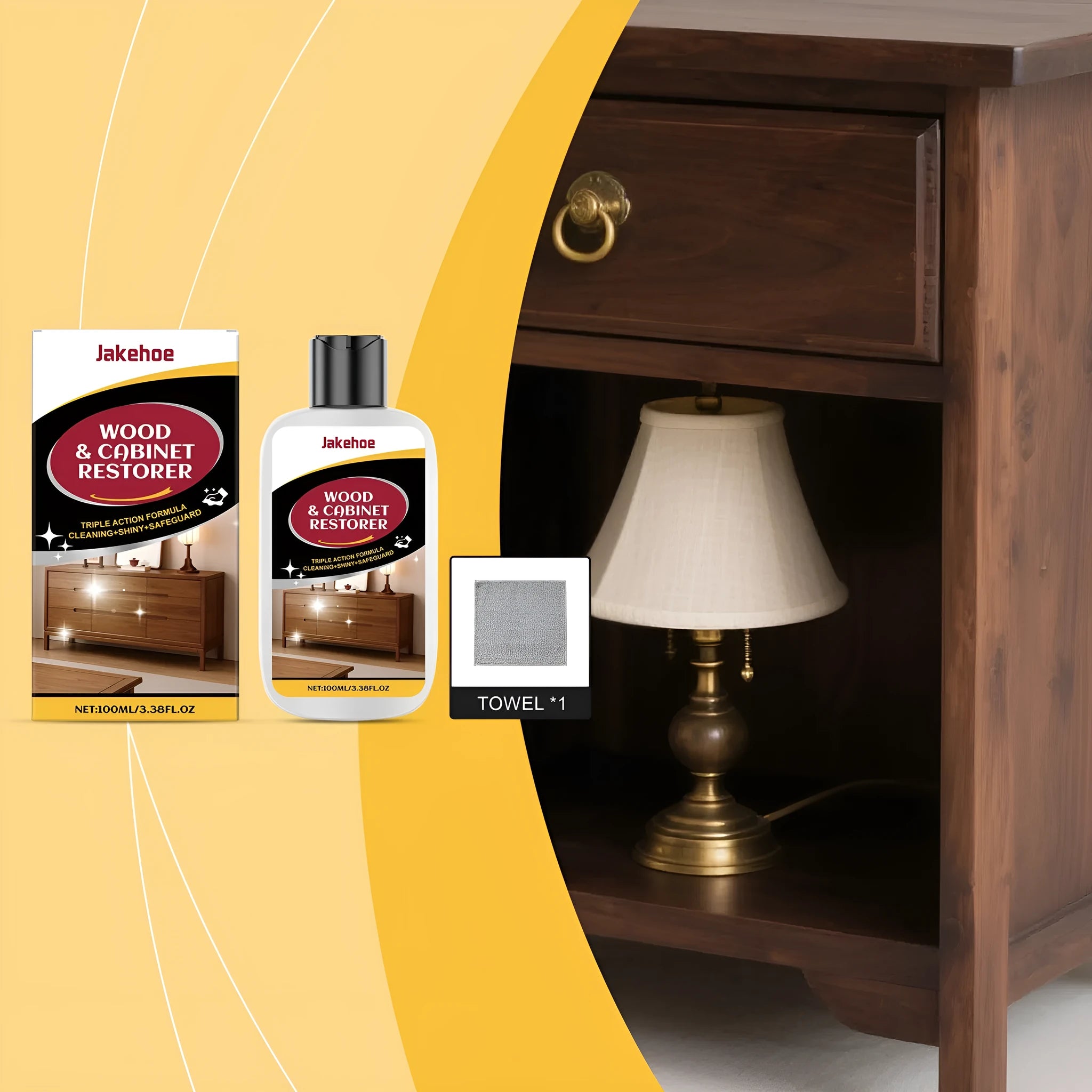 Wooden furniture scratch care kit with 100ml bottle and microfiber towel for gentle surface maintenance