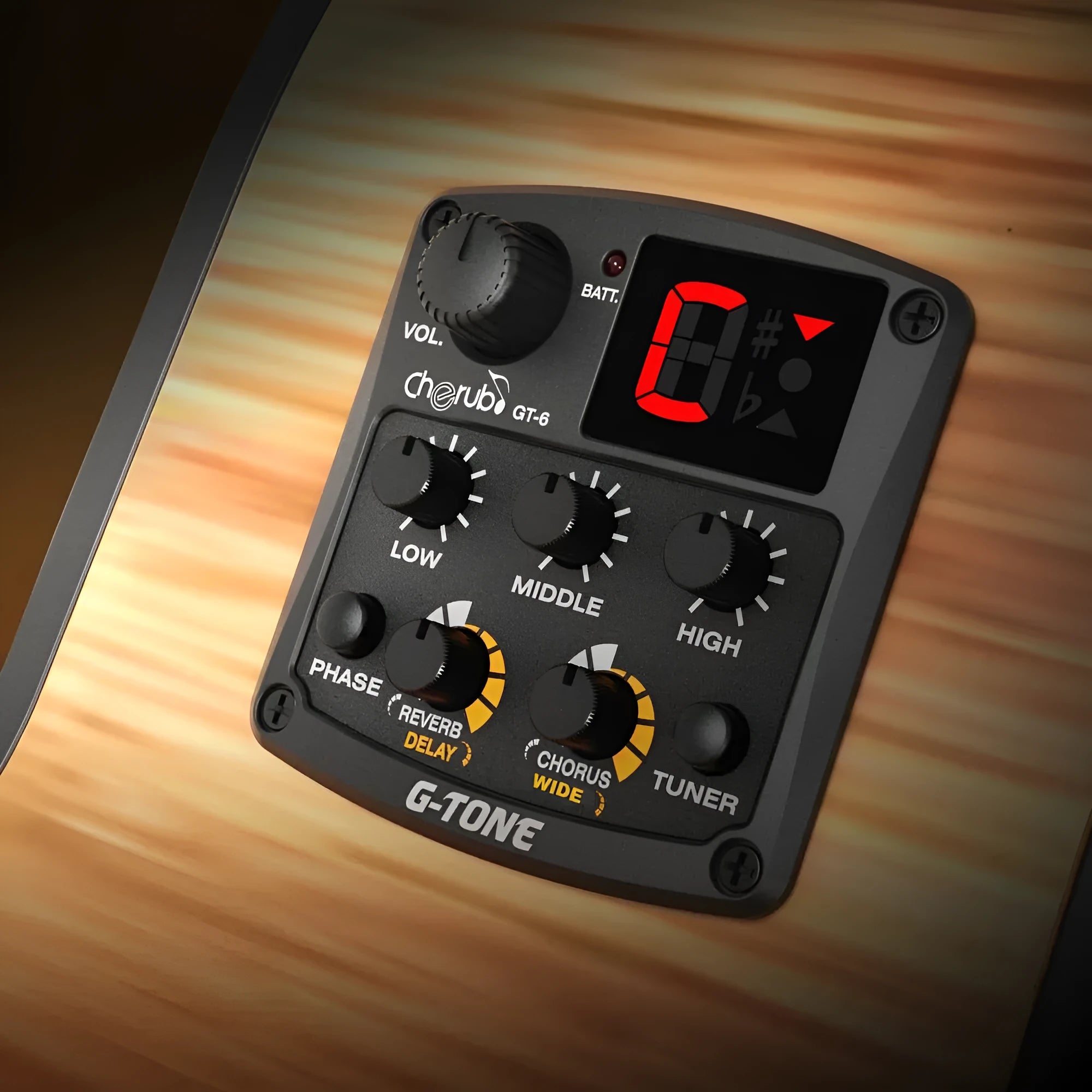 Cherub GT-6 black acoustic guitar soundhole pickup unit with EQ and effects knobs.