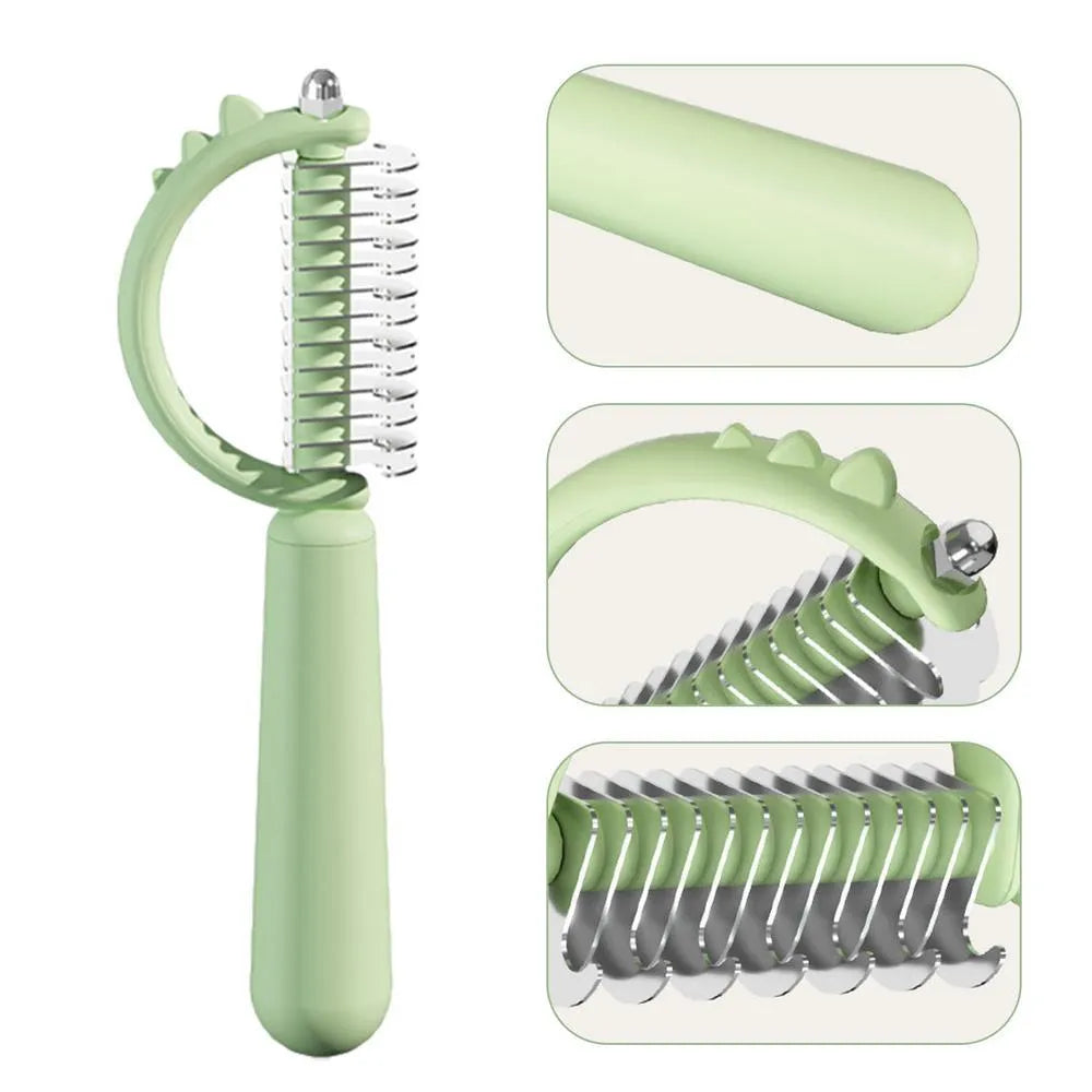Blue dinosaur-shaped self-cleaning cat brush with double-sided grooming head