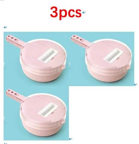 8-in-1 mandoline slicer with stainless steel blades, strainer, container, and hand protector in blue or pink.