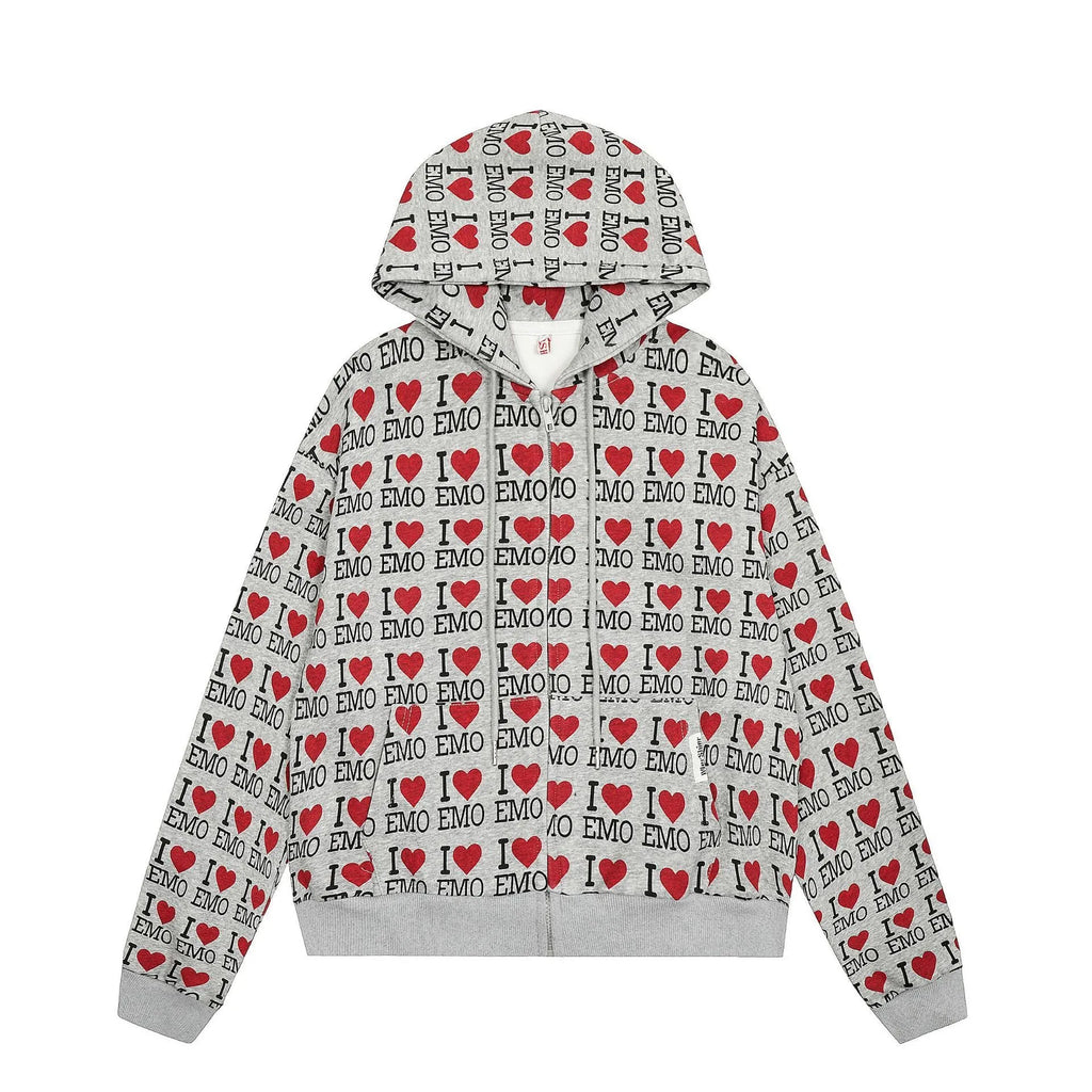 Women's grey hooded cardigan with retro pattern design