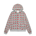 Women's grey hooded cardigan with retro pattern design