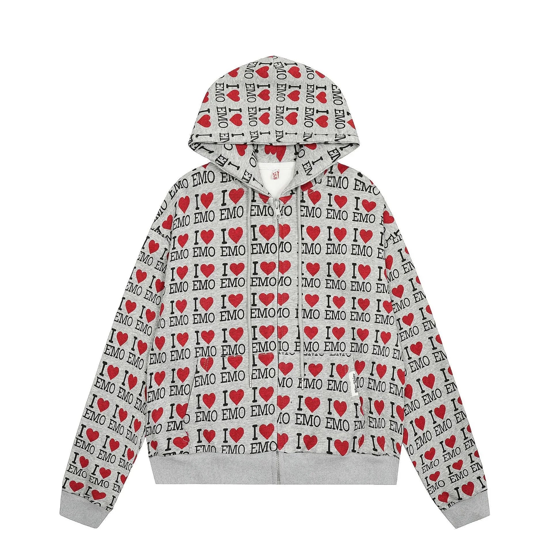 Women's grey hooded cardigan with retro pattern design