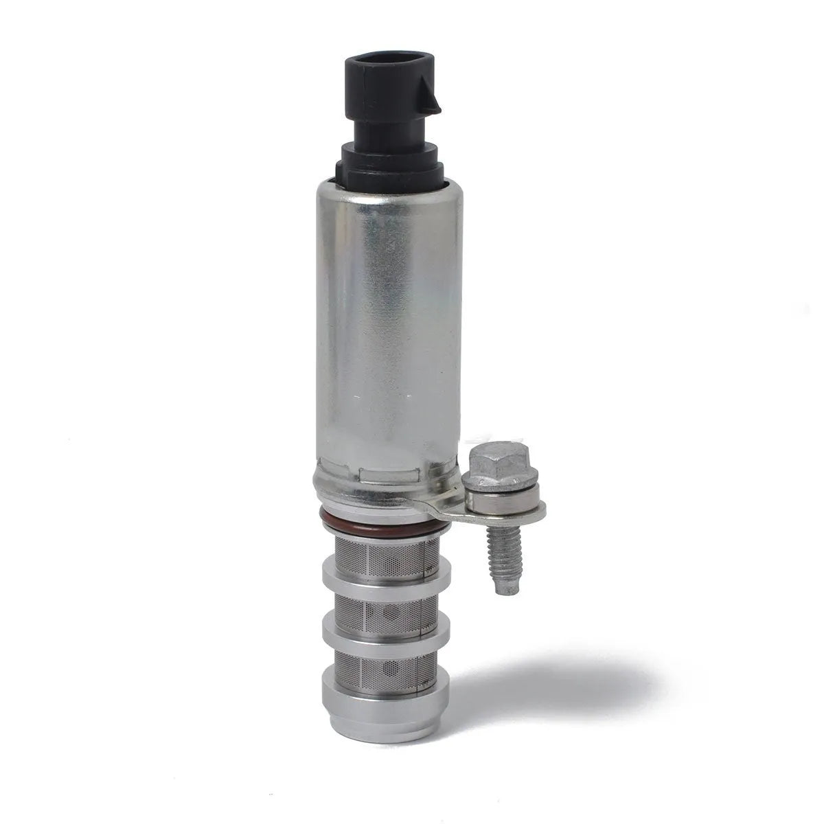 Pair of black metal VVT oil control solenoid valves for GM Buick and Chevrolet engines.