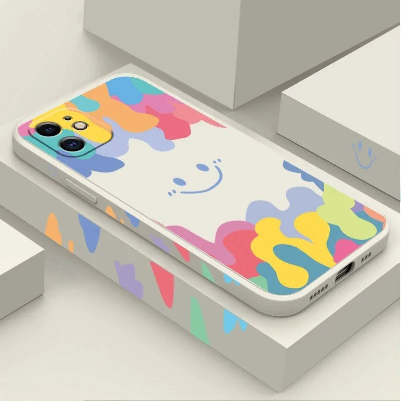 Rainbow smiley face TPU phone case with lanyard for Apple iPhone in white or black