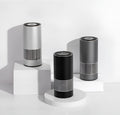 Compact cylindrical car air purifier in metallic grey showing 65mm diameter, with USB power cable.