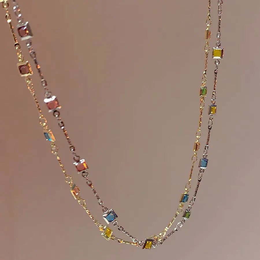 Square colour geometric clavicle chain necklace with artificial crystal pendant on fine alloy chain