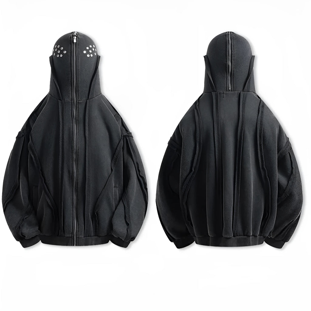 Black men's cotton hooded cardigan coat with abstract pattern and zip front.