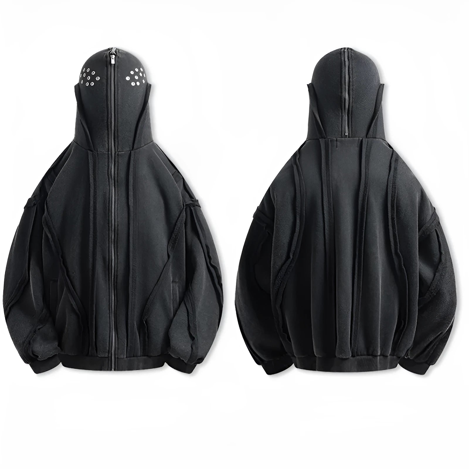 Black men's cotton hooded cardigan coat with abstract pattern and zip front.