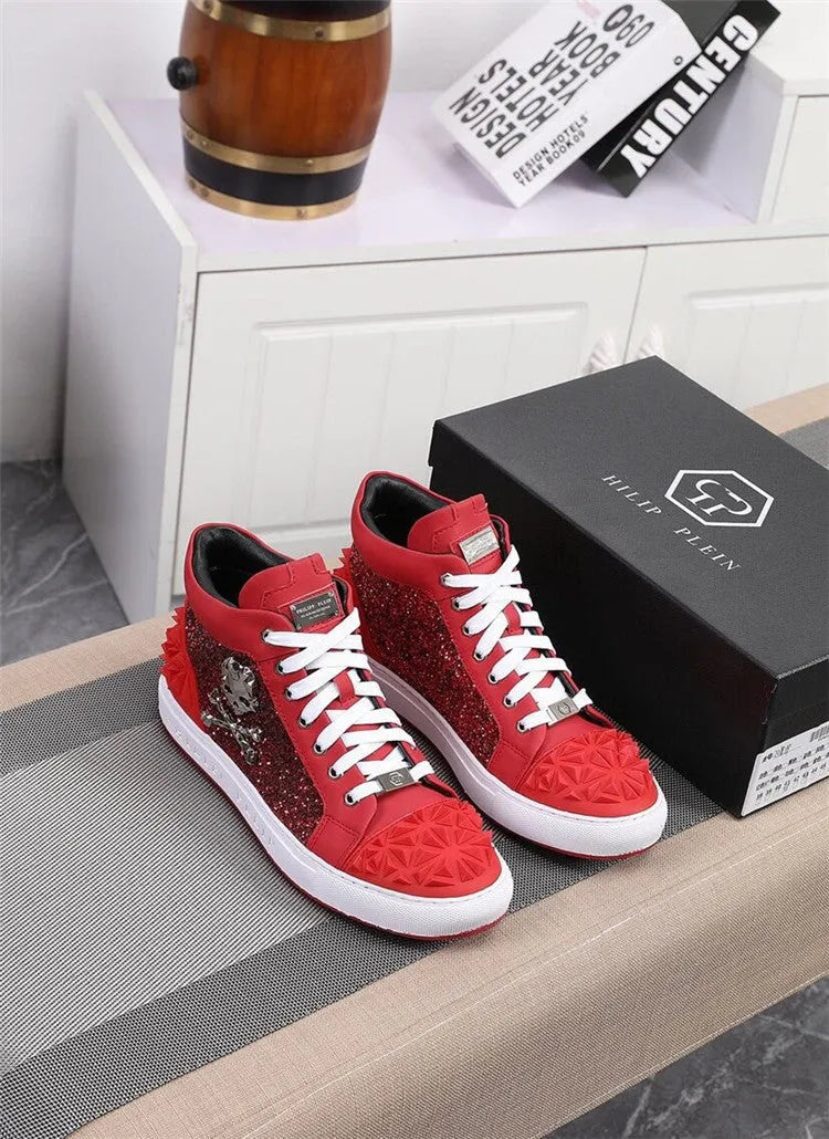 Men's black and red genuine leather skeleton shoes with high-top design and lace closure
