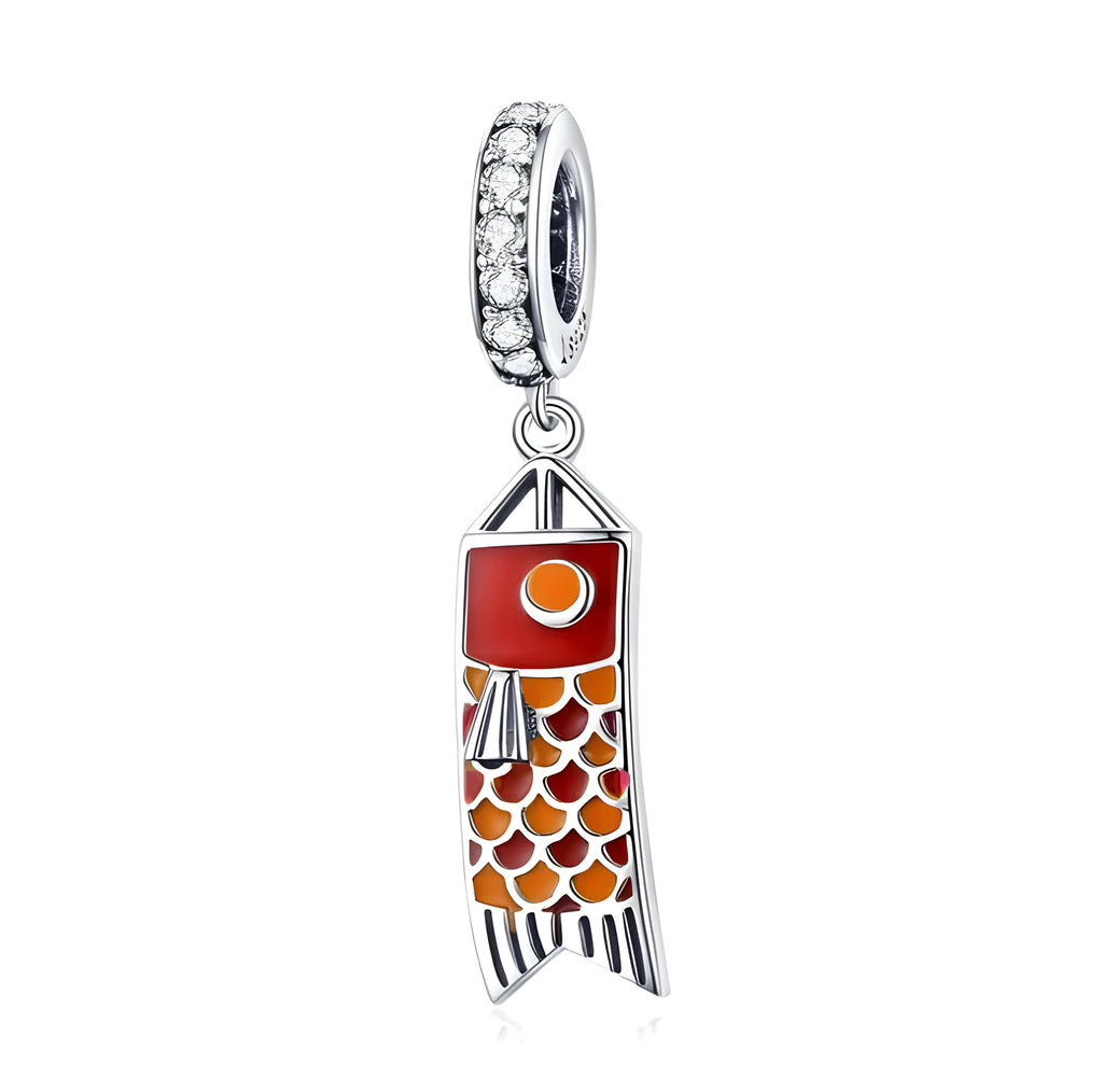 S925 sterling silver carp streamer pendant charm with zircon details on a white background