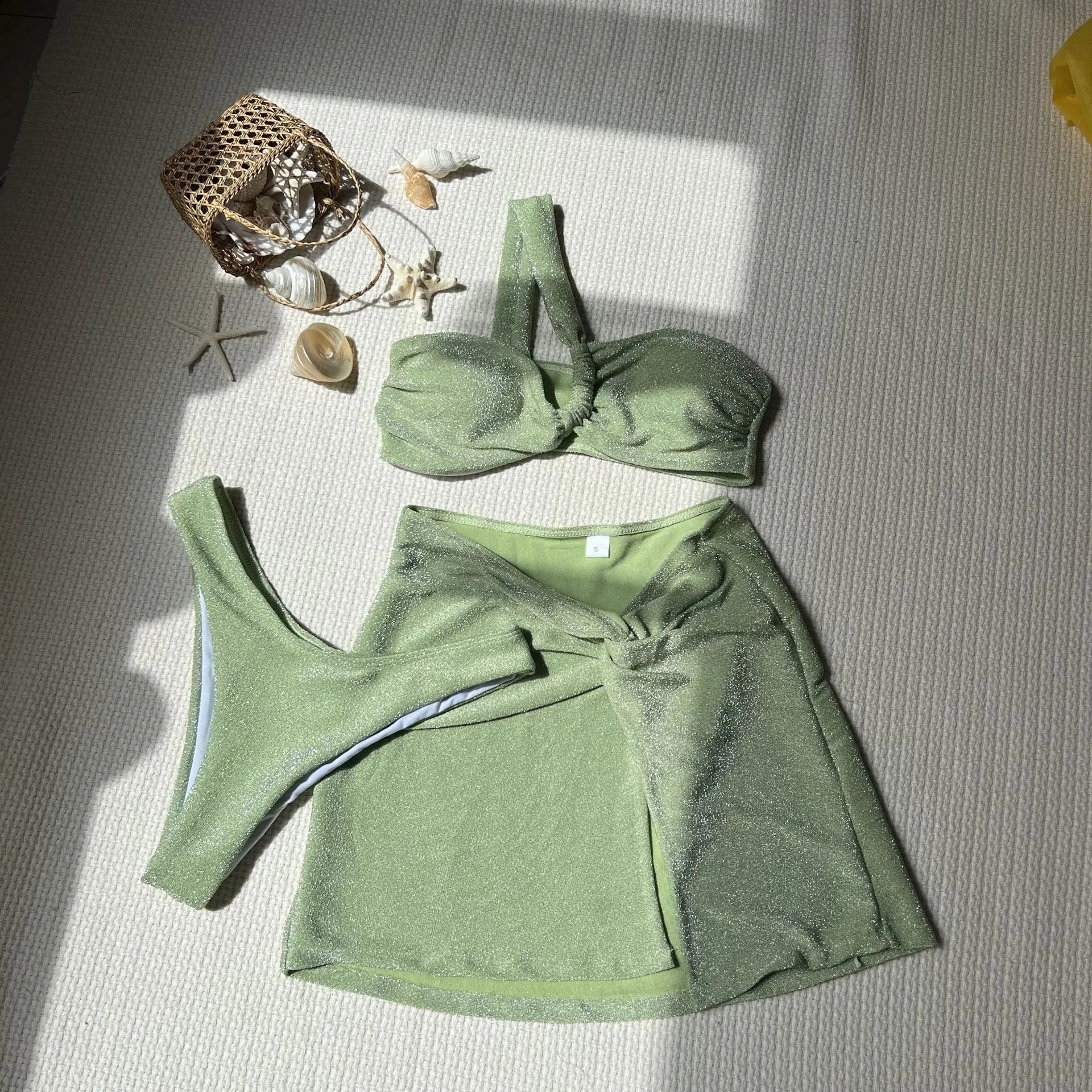Women's one-shoulder tube top three-piece swimsuit set in glossy polyester fabric