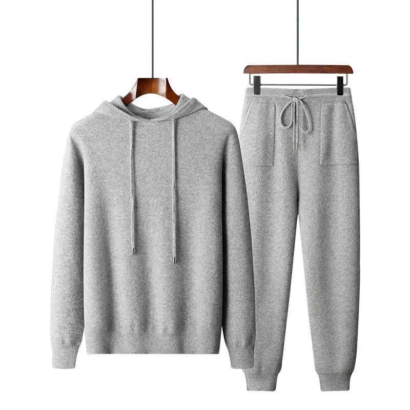 Men's grey hooded cashmere sweater and trousers set for winter casual wear