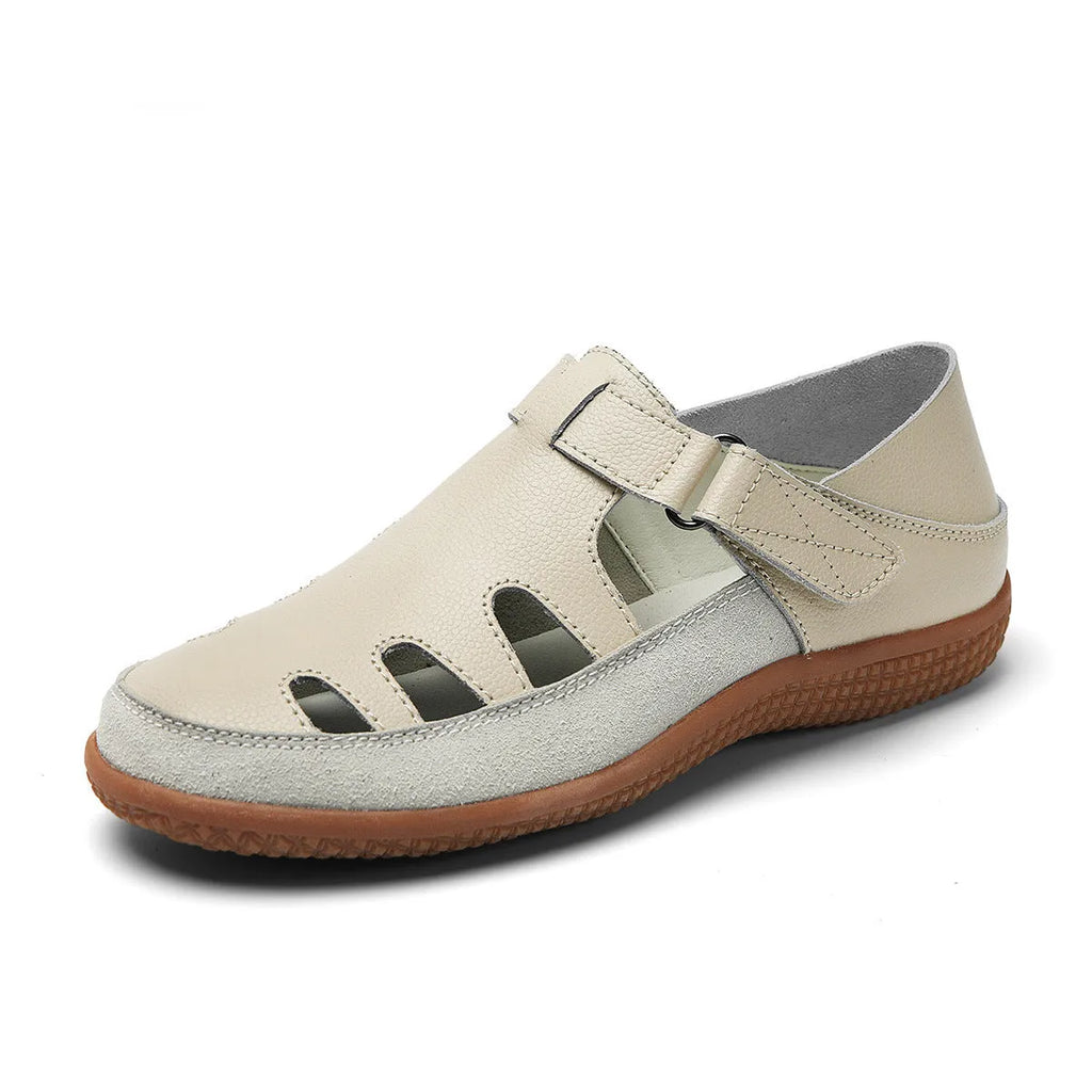 Plus size women's flat heel sandals with hollow breathable design in white, red, or blue colours