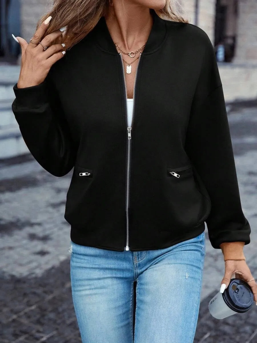 Black women's zip-front jacket with long sleeves in casual Japanese Korean style